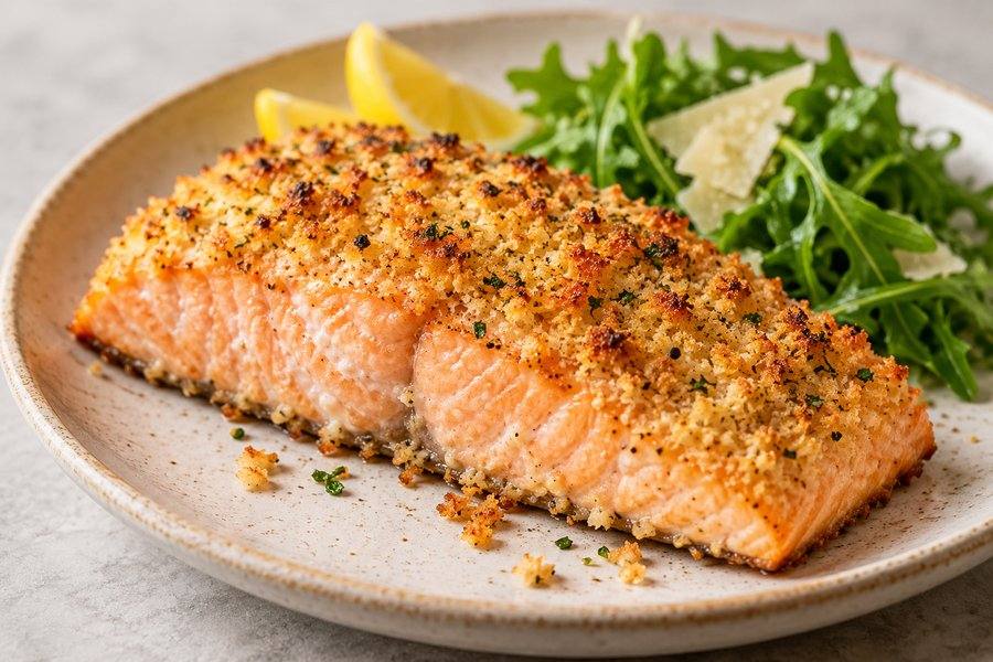 salmón con costra de parmesano